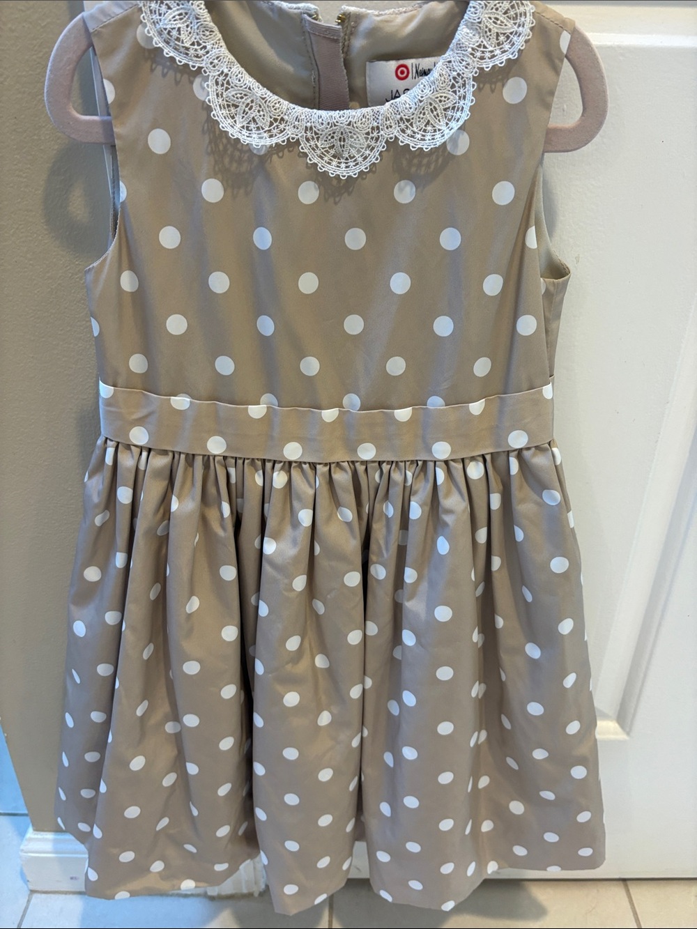 Neiman Marcus Taupe Polka Dot Dress with White Lace Collar-Size 5T